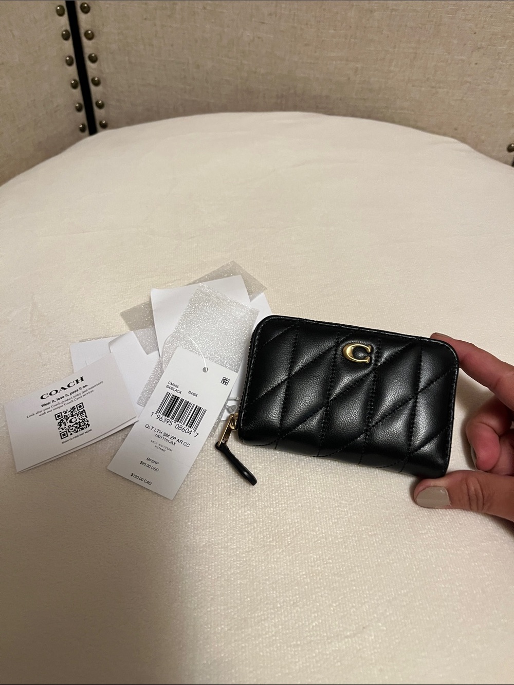 Coach quilted black leather zip wallet small